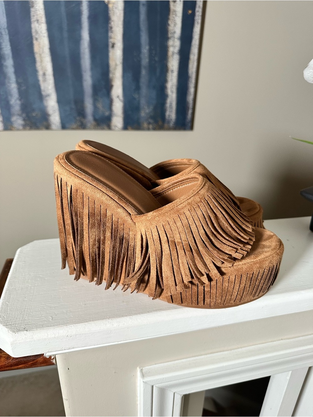 Fringe Platform Slide Sandals in Tan